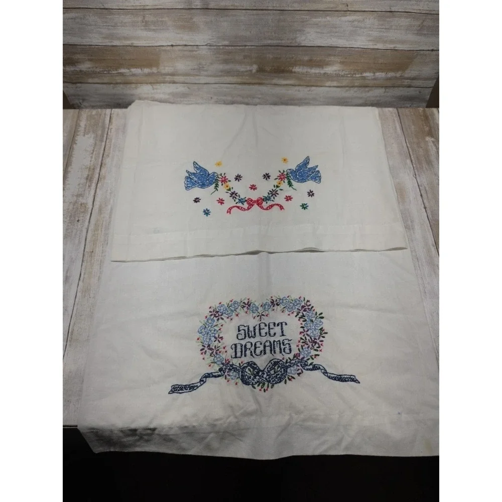 2- Vintage Hand Embroidered Pillowcase Sweet Dreams Blue Birds White Cotton READ